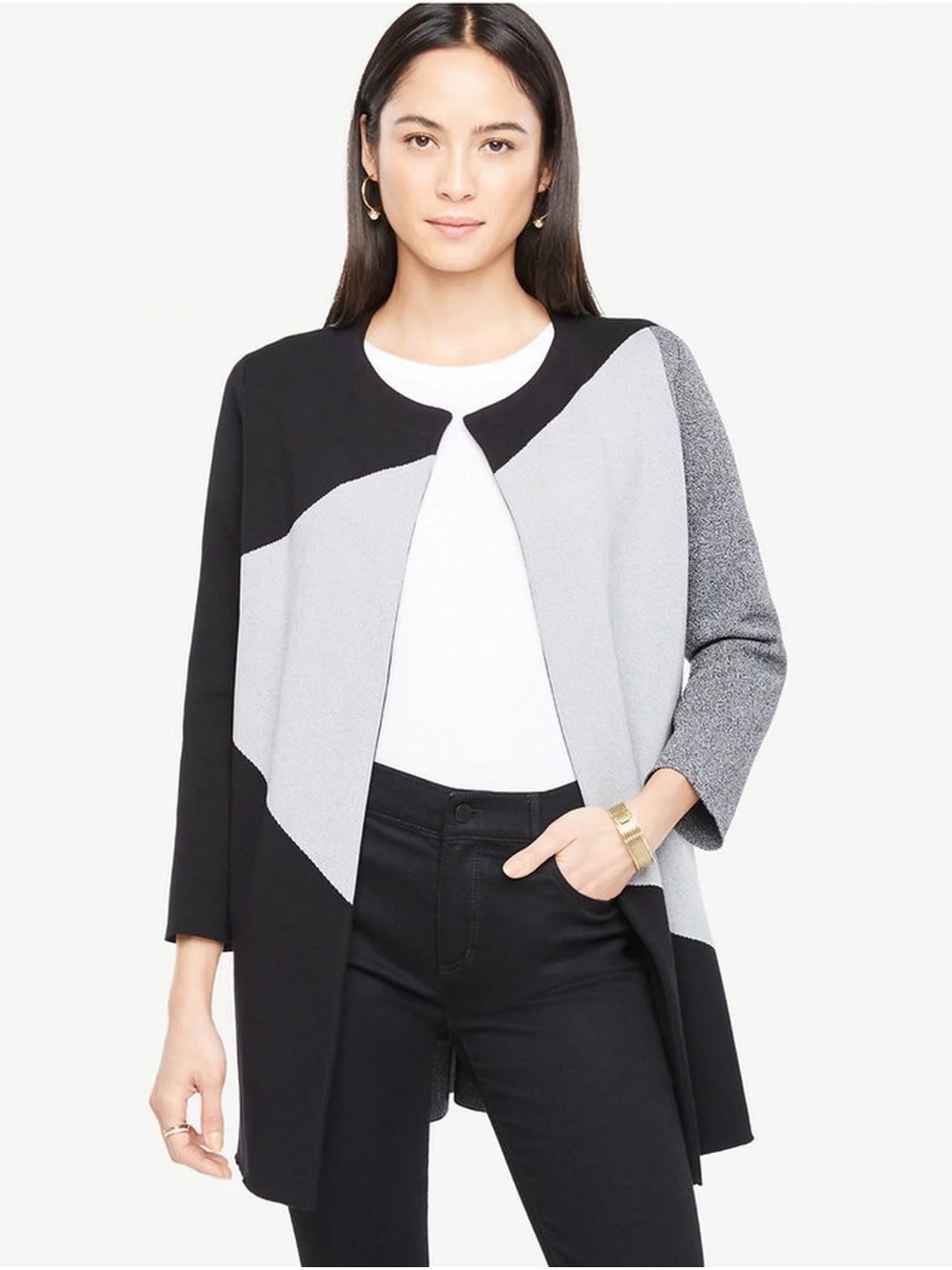Ann Taylor Black & Light Gray Colorblock Open-Front Sweater Cardigan